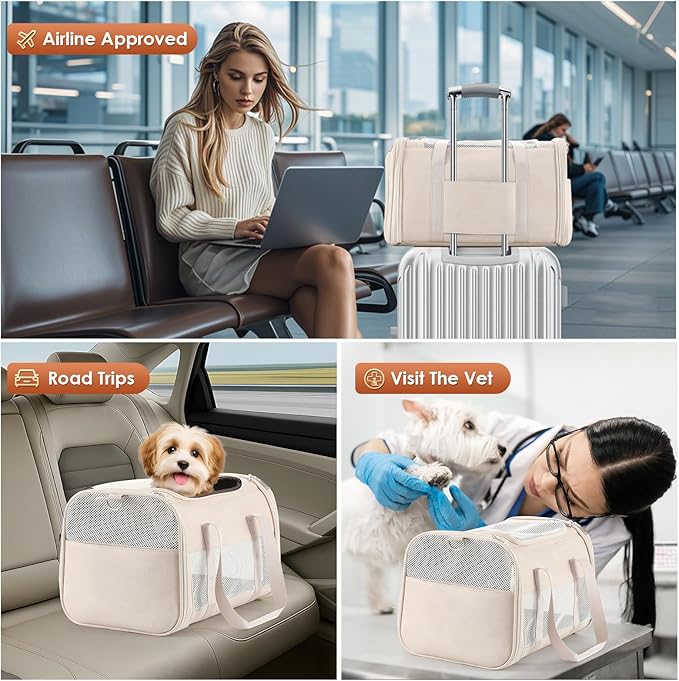 Fashion Leather Dog Carrier, Airline Approved Cat Carrier Soft Sided Pet Bag Carrier Purse for Puppy Kitten Small Animals White-PawvioPets