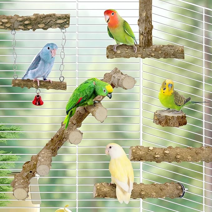 BNOSDM Natural Wood Bird Ladder Perch 6Pcs Parrot Stand Branches Climbing Chewing Stick Parakeet Swing Toys Cage Accessories Paw Grinding Fork Sets for Lovebirds Cockatiels Conure Budgies-PawvioPets