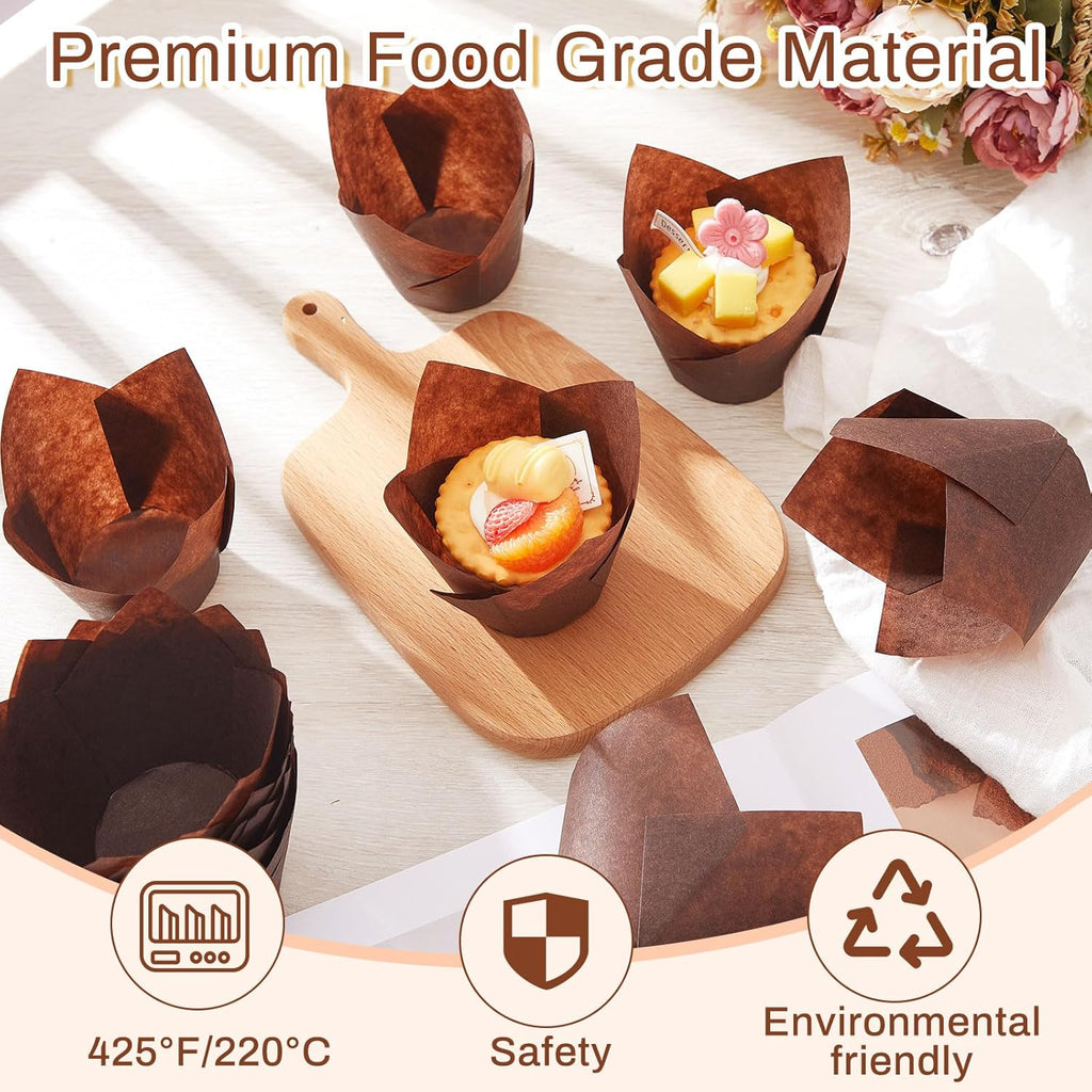600 Pcs Jumbo Muffin Liners for Baking 2-1/4" x 4" Large Tulip Cupcake Liners Greaseproof Cupcake Wrapper Paper for Weddings Birthday Christmas Anniversaries Party (Brown)