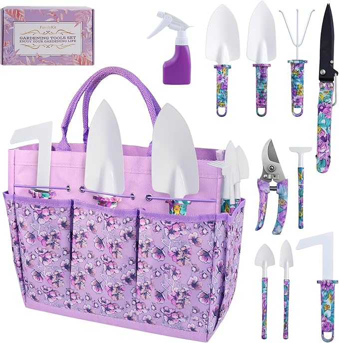 Gardening Tool Set 10-Piece, Heavy Duty Garden Tool Set with Purple Floral Tote Bag and Gift Box, Gardening Tools Kit with Ergonomic Non-Slip Handle, Ideal Gardening Gifts for Women Mom-PawvioPets