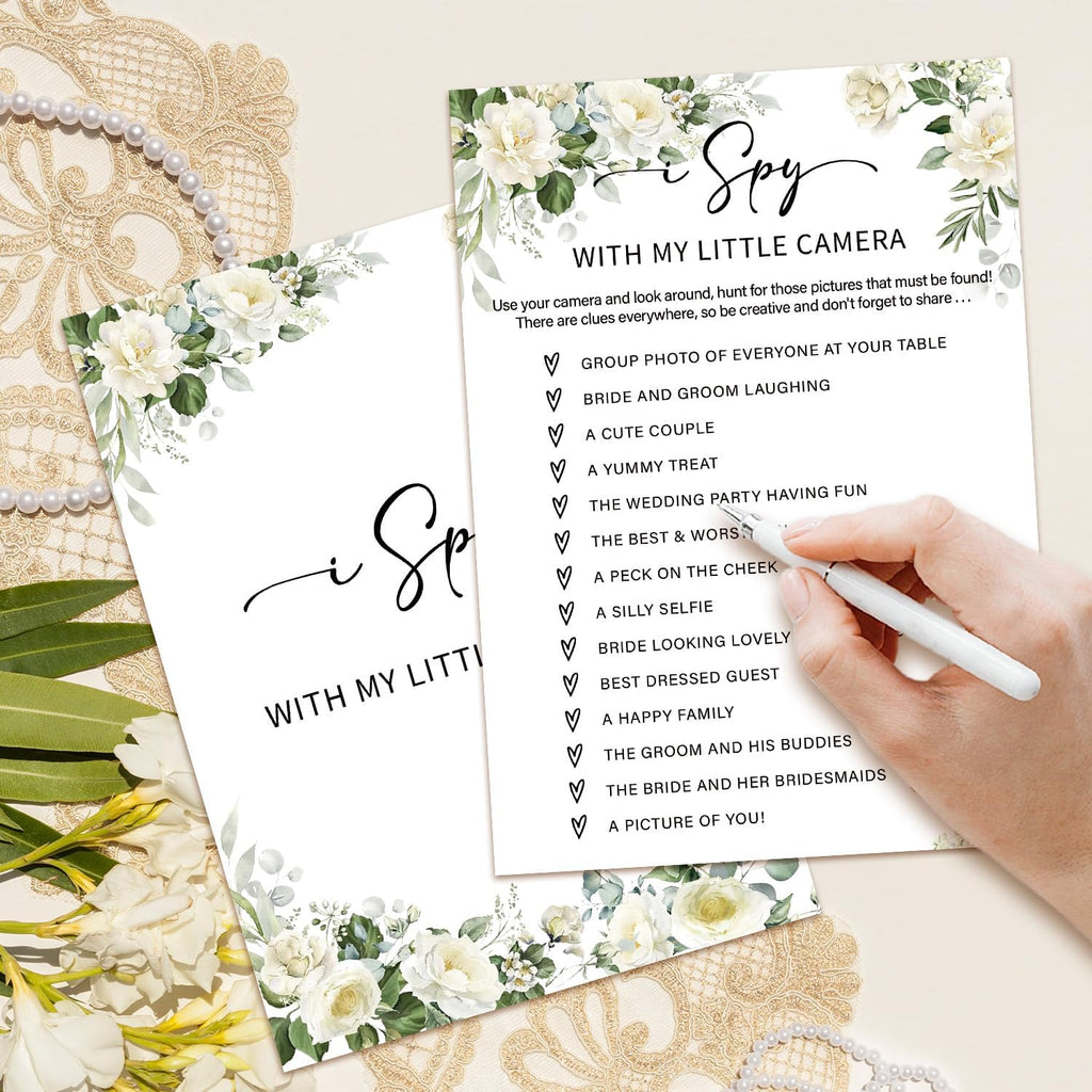 Eucalyptus Bridal Shower Games 30 Guests, I Spy with My Little Camera Bridal Games for Showers, White Rose Wedding Engagement Party Activity Party Supplies/Green-06