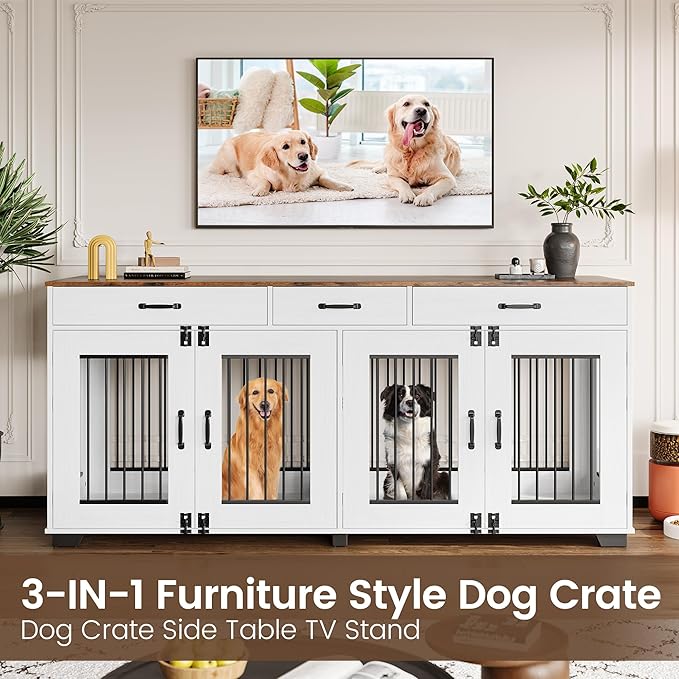 71 Inch Dog Crate Furniture for 2 Rooms, Wooden Double Crate Large Breed with Door, Dog Kennel Indoor, TV Stand End Table with Divider for Large Medium Dogs,White/Brown-PawvioPets