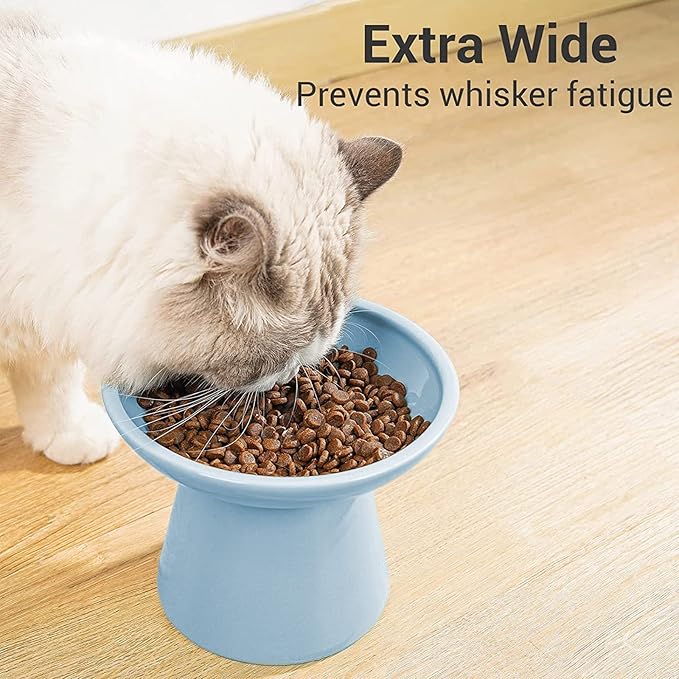 Extra Wide Elevated Ceramic Cat Food Bowl - 6.2" Shallow Dish for Whisker Fatigue Relief, 5" Height for Easy Feeding, Lead & Cadmium Free, Durable Raised Cat Food Bowls, Blue-PawvioPets