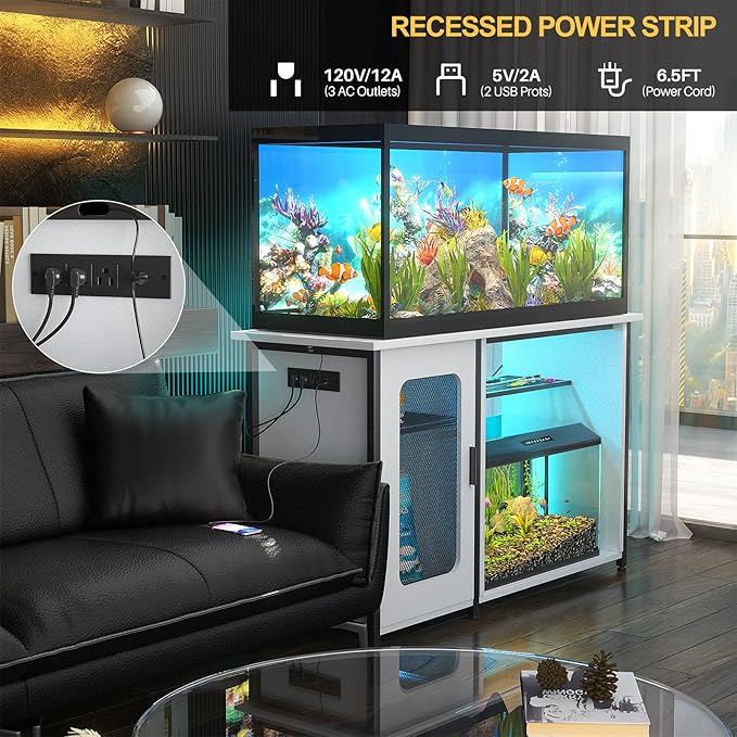 55-75 Gallon Fish Tank Stand with Power Outlets & LED Light, Reversible Heavy Duty Metal Aquarium Stand with Cabinet for Fish Tank Accessories Storage, Turtle/Reptile Terrariums, White-PawvioPets