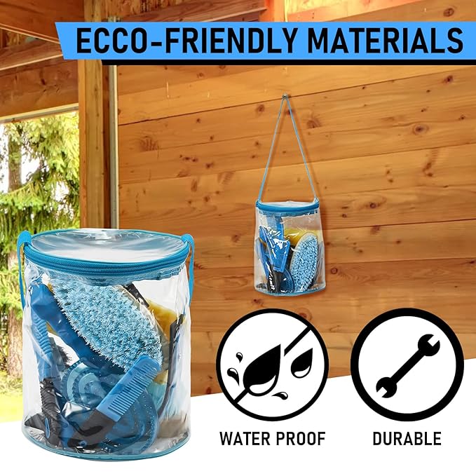 9 Pieces Horse Grooming Kit Tack Room Supplies Set with Organizer Tote Bag, Oval Massage Curry, Hard and Soft Brush, Hoof Pick, Sweat Scraper, Bathing Sponge, Combs for Horse Riders Beginners (Blue)-PawvioPets