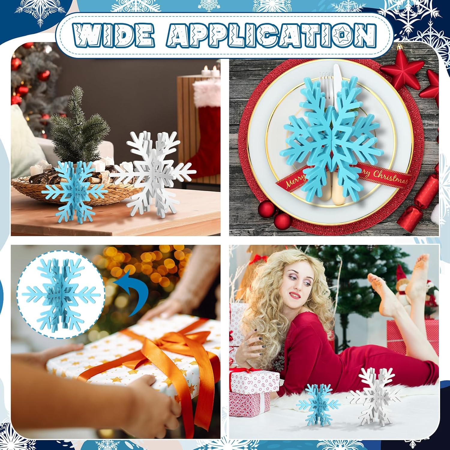 Bucherry 12 Pcs Wooden Snowflake Table Decor 3D Snowflake Tabletop Signs and Centerpiece for Christmas Xmas Winter Wonderland Decorations Home Party(White, Light Blue)