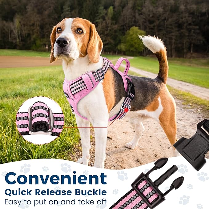 Funfox Dog Harness No Pull, Adjustable Pet Vest Harness, Super Soft Material with Vertical Handle Easy Control, Reflective Night Walking, 2 Leash Clips for Large Dogs, Pink, L-PawvioPets