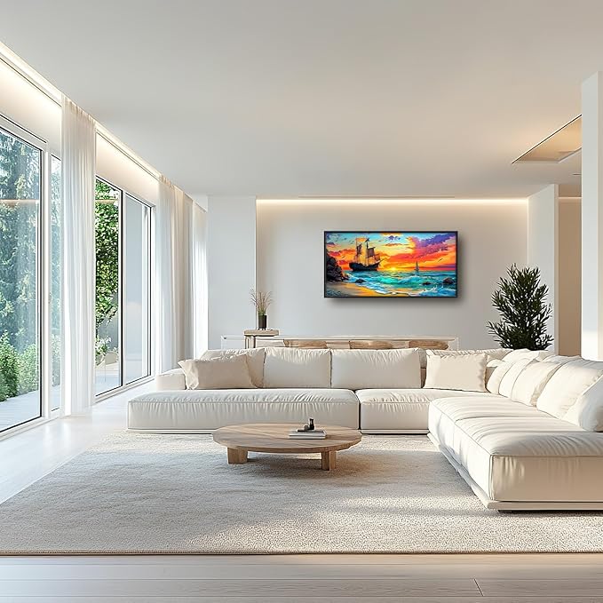 Framed Large Ship Wall Art for Living Room, Oversized Coastal Beach Boat Wall Decor Nautical Seascape Sailboat Canvas Painting Modern Artwork Home Decoration for Living Room Bedroom 60"x30"-PawvioPets