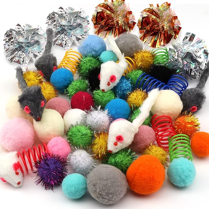 60 Pack Cat Toys - Assorted Kitten, Mouse, Crinkle & Pom Pom Balls-PawvioPets
