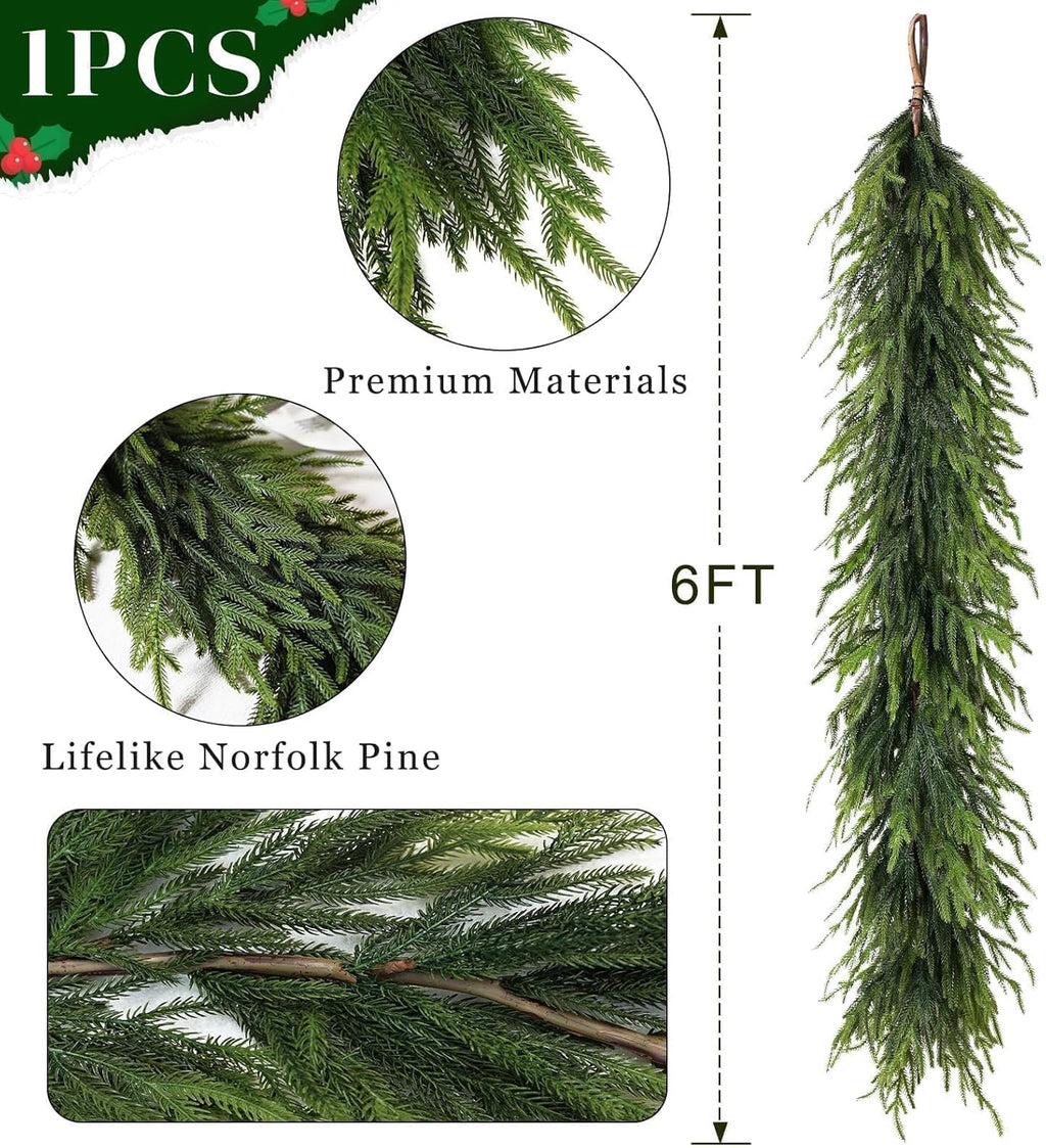 6FT Christmas Artificial Norfolk Pine Garland for Fireplace - Realistic Faux Greenery Fake Garland for Holiday,Table, Window,Mantel,Stairs, Home,Indoor Outdoor Decor (1PCS)