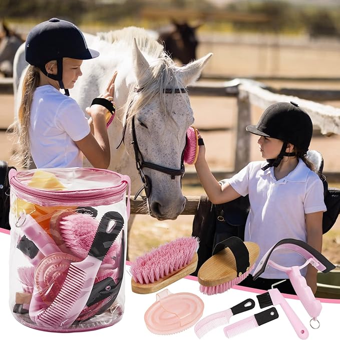 9 Pieces Horse Grooming Kit Tack Room Supplies Set with Organizer Tote Bag, Oval Massage Curry, Hard and Soft Brush, Hoof Pick, Sweat Scraper, Bathing Sponge, Combs for Horse Riders Beginners (Pink)-PawvioPets