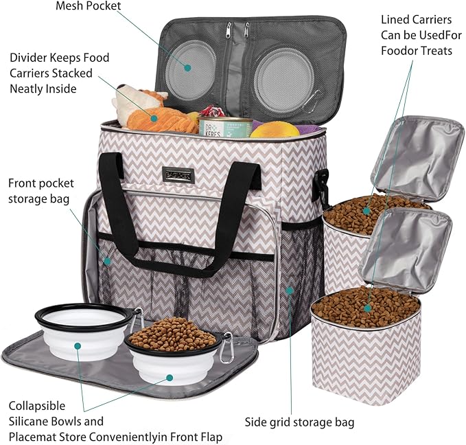 BAGLHER Dog Travel Bag, Pet Travel Bag (ALL Pet Travel Supplies), With 2 Pet Food Containers and 2 Collapsible Silicone Bowls; Essential Kits for Pet Travel BLW-PawvioPets