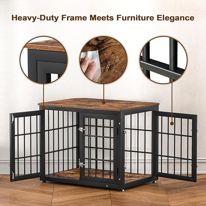 32 Inch Heavy Duty Dog Crate Furniture for Medium and Small Dogs, Decorative Pet House End Table, Wooden Cage Kennel Furniture Indoor, Rustic Brown-PawvioPets