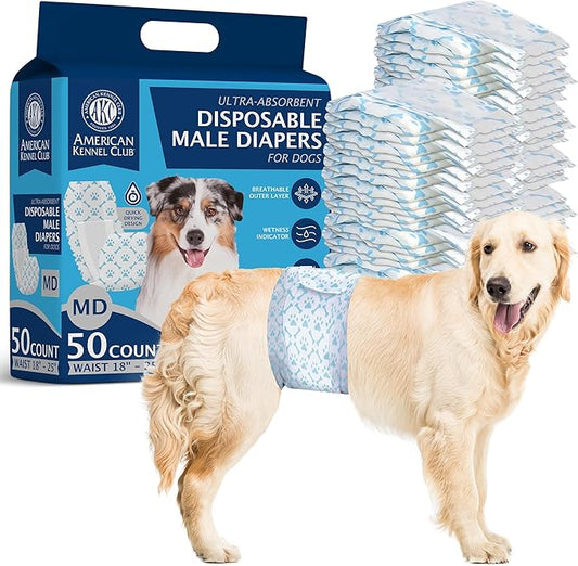 American Kennel Club Male Dog Wrap, Disposable Diapers with Wetness Indicator, Medium, 50 Count-PawvioPets