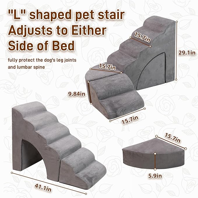 Foam Dog Stairs & Steps Ramps for High Beds 30 inches Tall for Small Dogs and Cats, LitaiL 6 Step Pet Stairs Steps for High Beds 30 inch Large Dogs, Non-Slip Dog Ramps for Older Cat-PawvioPets
