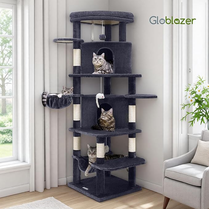 Globlazer Corner Cat Tree for Large Cats, 66inch Tall Curved Series Large Cat Tower for Multiple Indoor Cats with 6 Scratching Posts, 2 Spacious Cat Condos, Hammock, Hanging Basket, C66, Dark Grey-PawvioPets