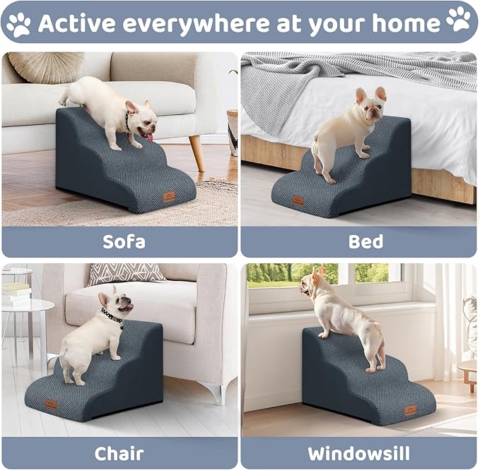Dog Ramp and Stair for Bed 16" H-20 H,3-Step Cat Stair for Sofa and Chair,4-Step Dog Ramp for High Bed and Window,Durable Nonslip Fabric Cover for Indoor (Dark Grey-16 H, Pet Friendly, 3)-PawvioPets