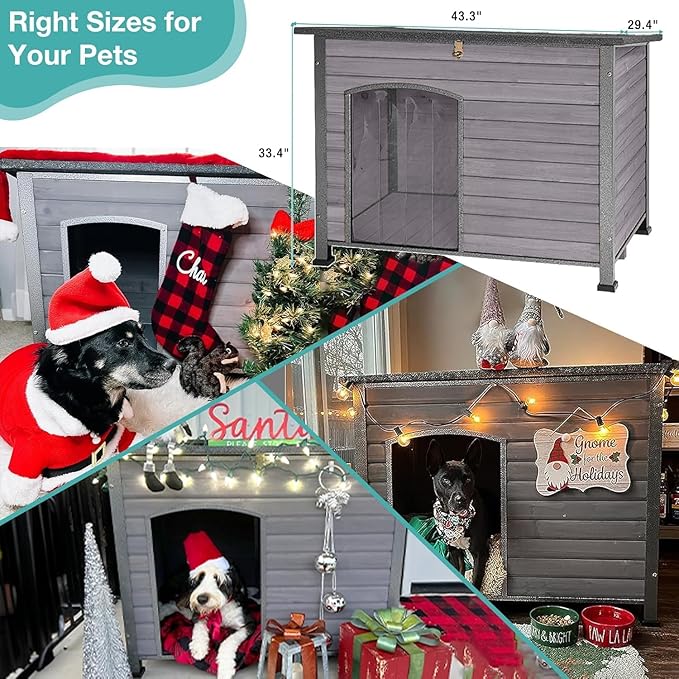 Feral Dog House Outdoor,Anti Bite Iron Frame Dog Kennel,Wood Warm Pets Home,Insulated Weatherproof Outside Shelter for Feral Animal (43.3" (L) x 29.4" (W) x 33.4" (H)-Grey-in)-PawvioPets