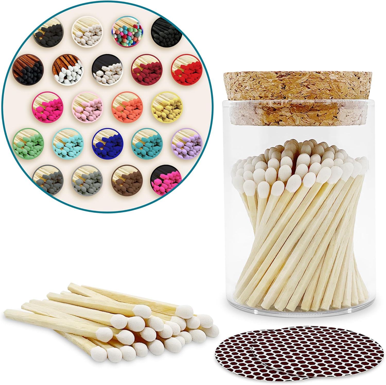 2" Matches in a Chic Jar + Striker Stickers Included | 100 Matchsticks in The Color of Your Choice | Decorative Safety Matches with a Cork Top Glass Holder | Gifts & Home Decor by Thankful Greetings