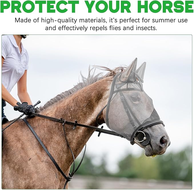 2 Pcs Horse Fly Mask with Ears Adjustable UV Protection Horse Fly Mask Accessories Large Eye Space with Ears for Horses Summer, Black and Gray, L-PawvioPets