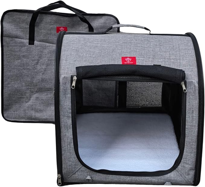 Fabric Portable Pet Kennel/Shelter, Single, Gray, 20"x20"x19.5" - Car Seat-Belt Fixture Included-PawvioPets