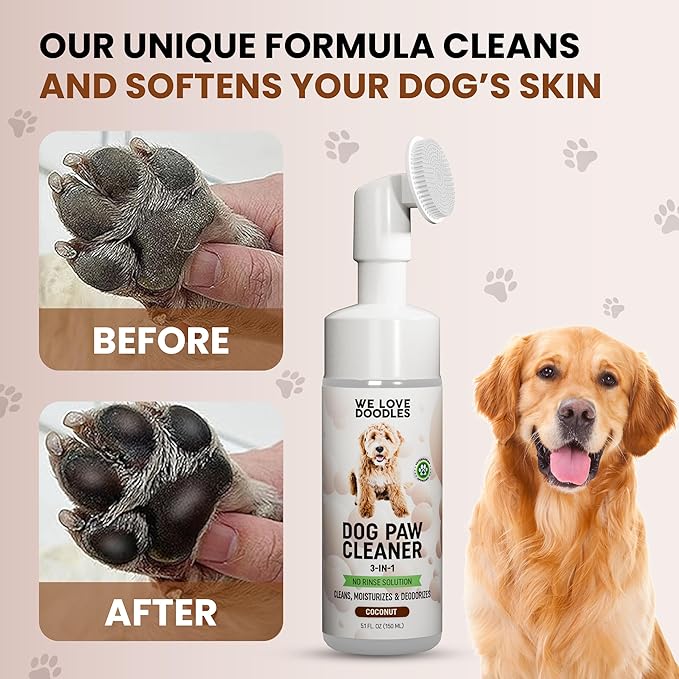 Dog Paw Cleaner (Over 100+ Feet Cleanings) No-Rinse Dog Foot Washer, Gentle and Safe Paw Cleaner for Dogs and Cats, Foam Formula, Moisturizes and Deodorizes, 150mL (Coconut) [We Love Doodles]-PawvioPets