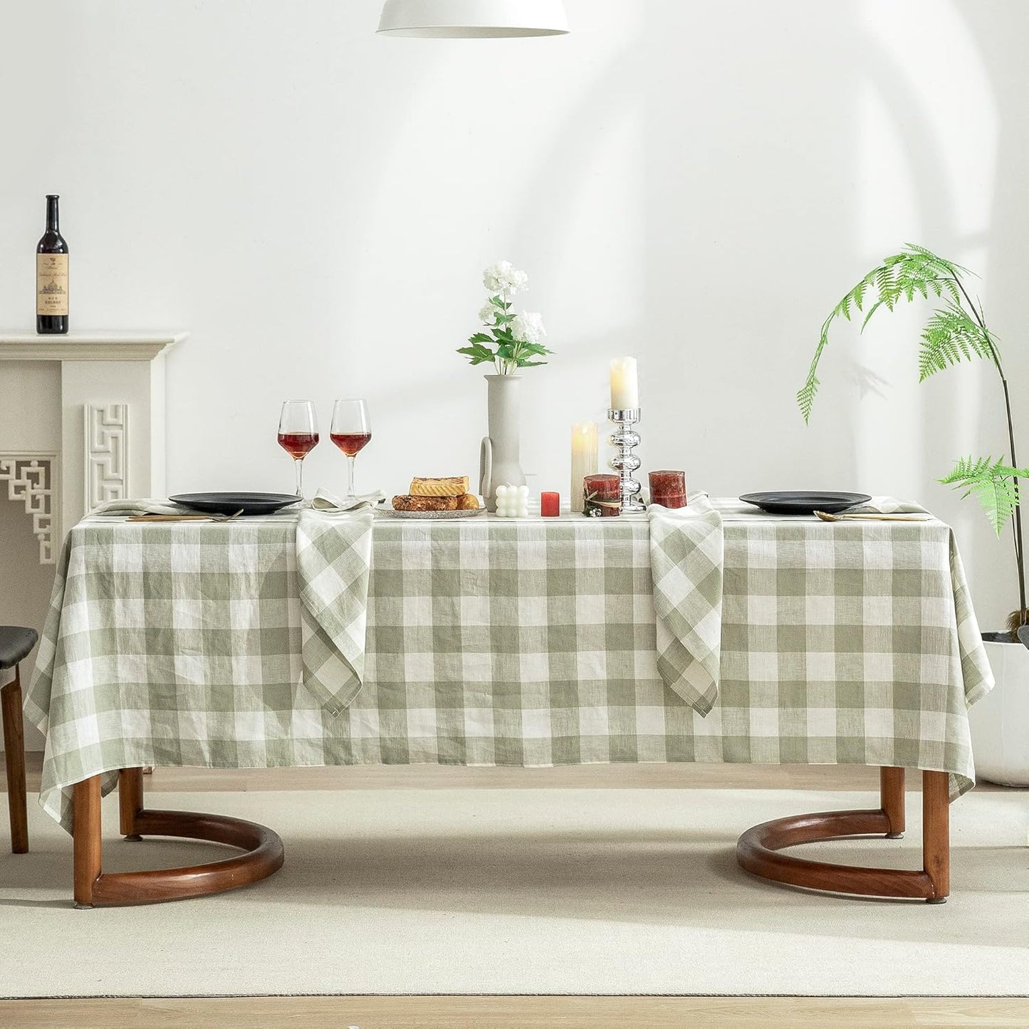 EVERLY 100% Yarn-Dyed Linen Rectangle Tablecloths 60x144Inches for Dining,Buffet Parties,Picnic,Events and Restaurants,Decorative Halloween,Thanksgiving Machine Washable Tablecloths-Sage Green Plaid