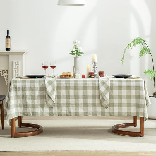 EVERLY 100% Yarn-Dyed Linen Rectangle Tablecloths 60x144Inches for Dining,Buffet Parties,Picnic,Events and Restaurants,Decorative Halloween,Thanksgiving Machine Washable Tablecloths-Sage Green Plaid