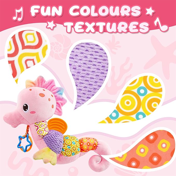 Baby Toys 0 to 12 Months, Musical Stuffed Animal Activity Soft Toys with Multi-Sensory Crinkle, Rattle and Textures,Infant Tummy Time Toys for Newborn Girls, Seahorse, Pink-PawvioPets