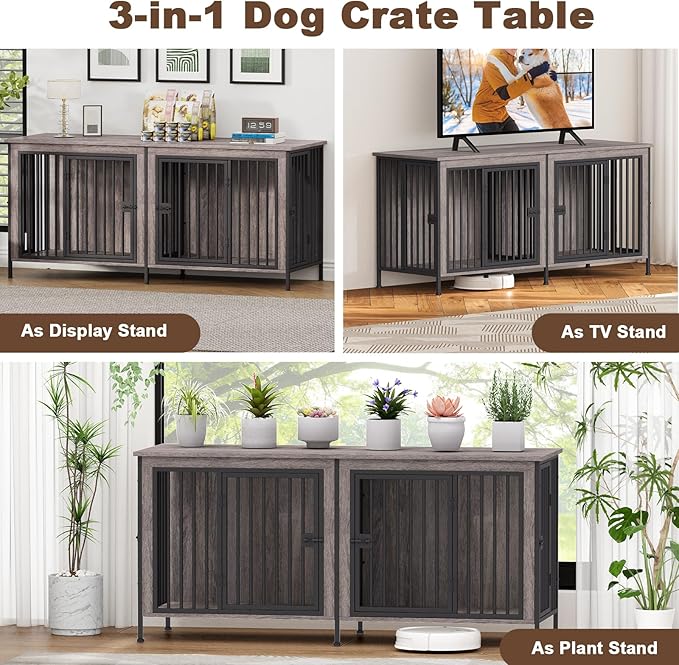 EasyCom 63" Dog Cage Furniture for 2 Pets with Divider, XL Wooden Double Dog Crate Furniture TV Stand for Mideum Breed, Durable and Sturdy-PawvioPets