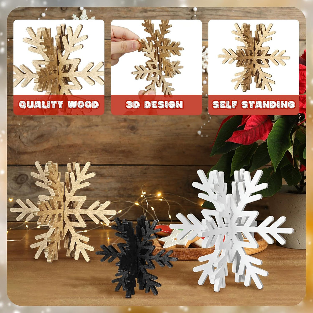 Bucherry 12 Pcs Wooden Snowflake Table Decor 3D Snowflake Tabletop Signs and Centerpiece for Christmas Xmas Winter Wonderland Decorations Home Party(White, Gold, Black)