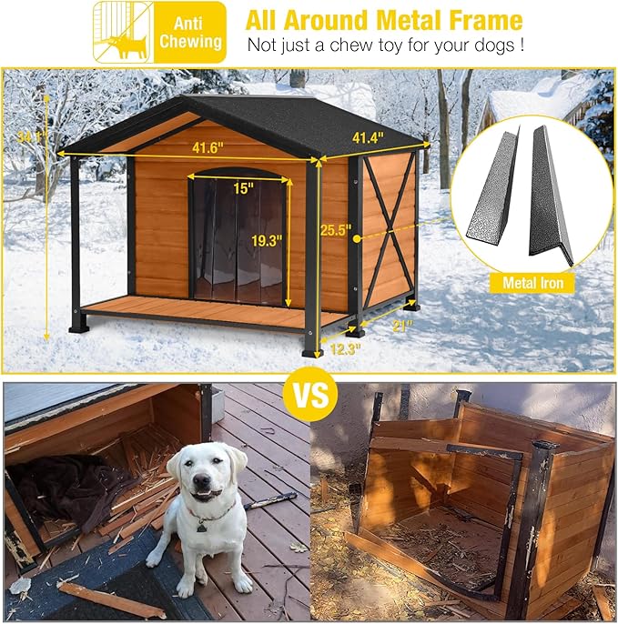 Aivituvin Outdoor Dog House with Chewproof Strong Metal Frame Insulated Outside Dog Kennel Weatherproof for Medium to Large Dogs, (41.5" L x 41.4" D x 34.1" H)-PawvioPets