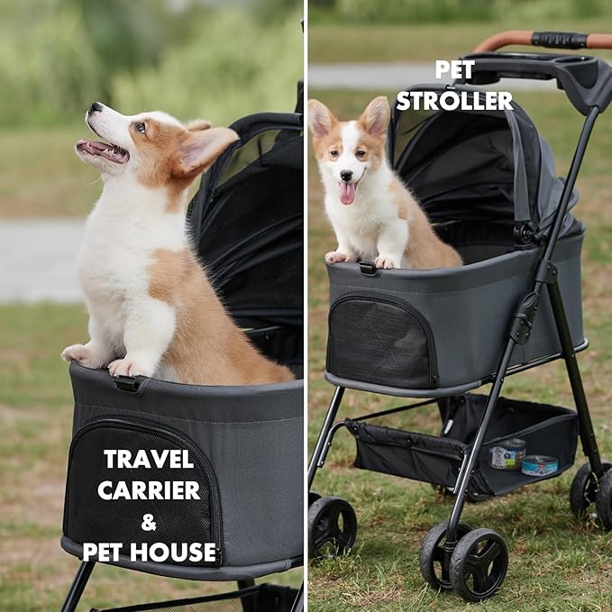 3 in 1 Pet Stroller with Removable Carrier, Folding Stroller for Small/Medium Dogs and Cats, Waterproof, All-Terrain, with Sun Shades, Car Seat-PawvioPets