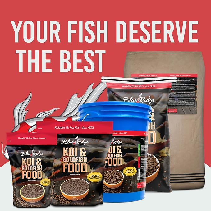 Blue Ridge Koi Fish Food 25lb - Koi Food 3/16” Large and Mini Blend Growth Formula, Goldfish Food, Premium Fish Food for Ponds, Ponds Fish Food, Floating Pond Pellets-PawvioPets