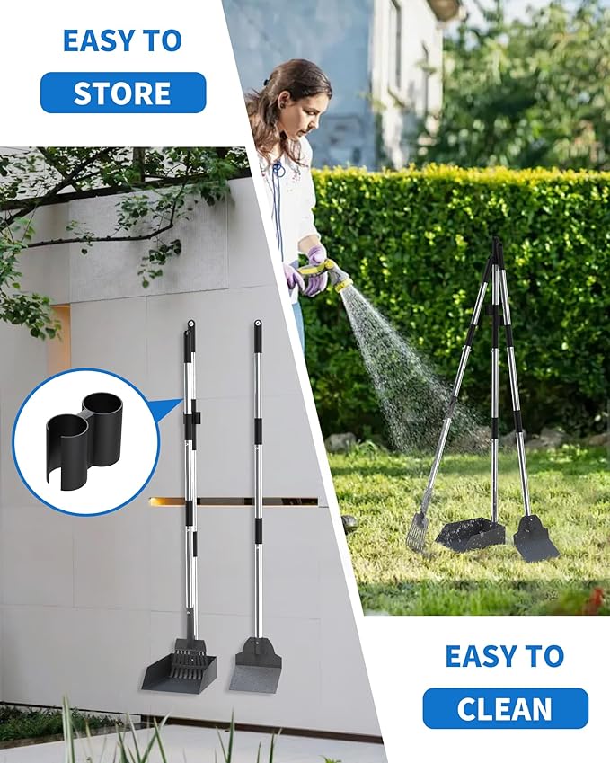 Dog Pooper Scooper Set, Stainless Metal Tray Rake Spade 3 Pack, Long Handle Pet Waste Scooper for Large Medium Small Dogs, Heavy Duty Poop Scooper for Yard, Grass, Dirt or Gravel-PawvioPets