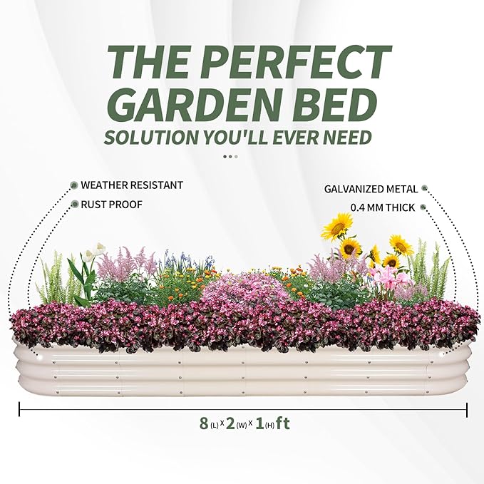 1MORE Galvanized Raised Garden Bed- Planter Garden Boxes Outdoor, Raised Beds for Gardening, 8x2x1ft Metal Garden Bed Kit for Vegetables Flower, Planter Raised Beds with Protective Tape & Tools.White-PawvioPets
