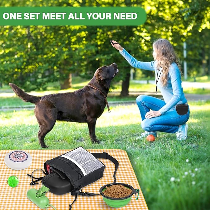Dog Treat Pouch Pet Training Kit - Silicone Treat Bag Magnetic Closure, Puppy Training Clicker, Dog Whistle, Collapsible Dog Bowls, Poop Bags & Holder, 4 Ways to Wear Walking Fanny Pack-Black-PawvioPets