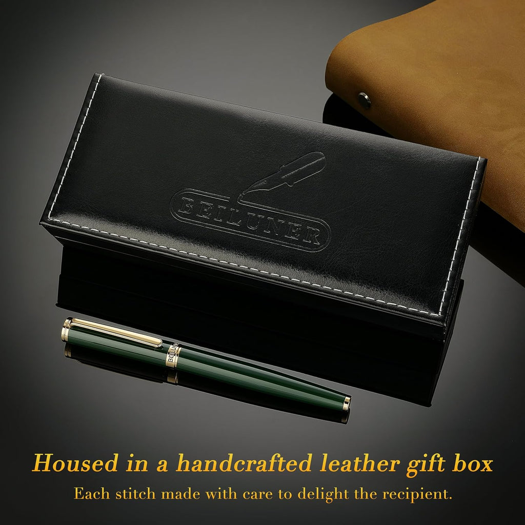 BEILUNER Racing Green Fountain Pen,Stunning Luxury Pens with 24K Gold Finish, Gorgeous 24K Gilded Nib(Medium), Fancy Pen Gift for Men&Women -Ink Converter-Christmas, Office,Fancy,Nice Pen for Writing