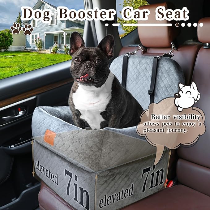 Dog Booster Car Seat with 7 Inches of Interior Height,Elevated Pet Car Seat for Small/Medium Sized Dogs,Puppy Portable Car Seat,Washable Removable Cover Travel Safety Car Seat,Easy to Use(H-Grey)-PawvioPets