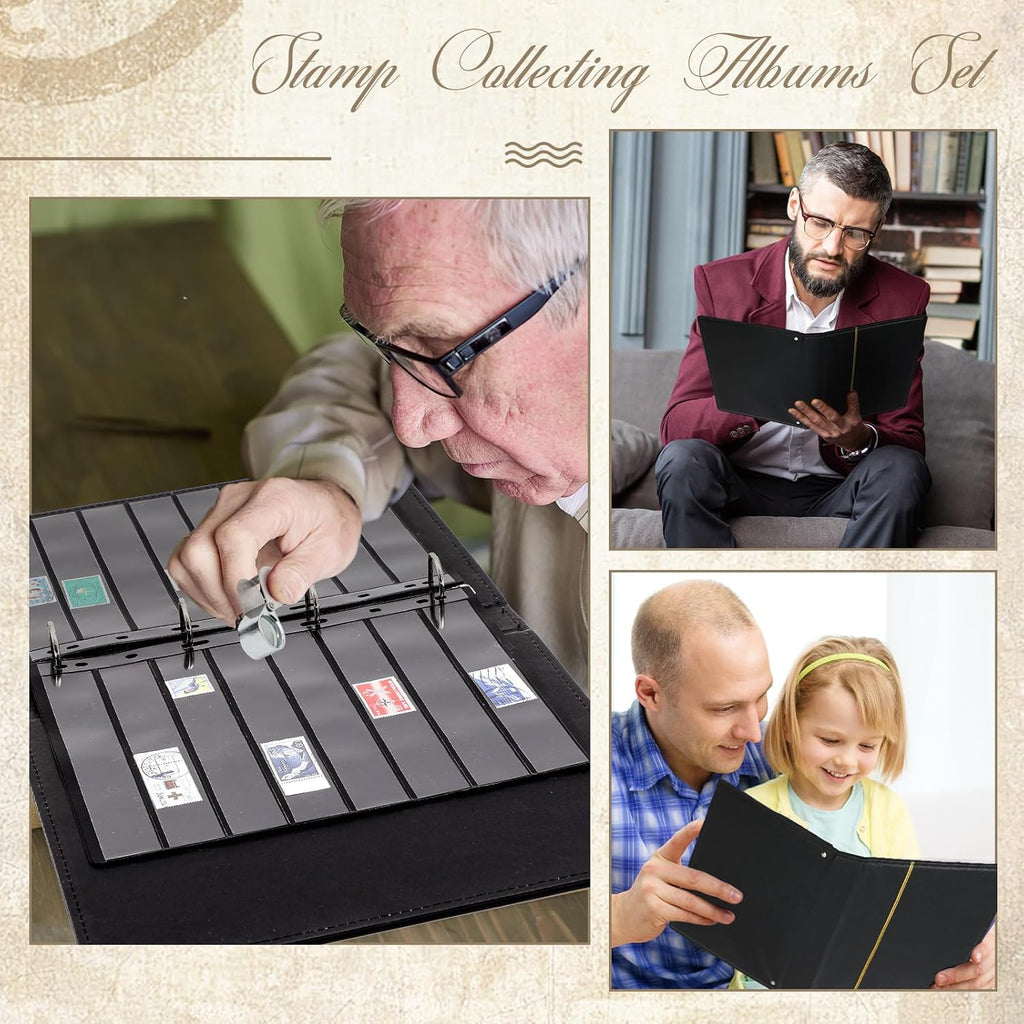 Lewtemi Stamp Collecting Albums Set Stamp Collection Book Include 20 Pages Album Binder Tweezer and Loop Magnifier Collecting Supplies for Collectors (Black,5/6/7/8 Rows)