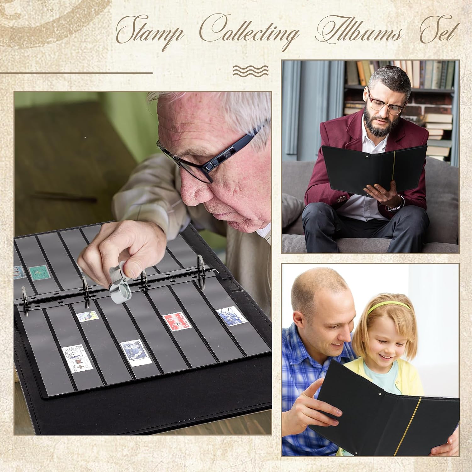 Lewtemi Stamp Collecting Albums Set Stamp Collection Book Include 20 Pages Album Binder Tweezer and Loop Magnifier Collecting Supplies for Collectors (Black,5/6/7/8 Rows)