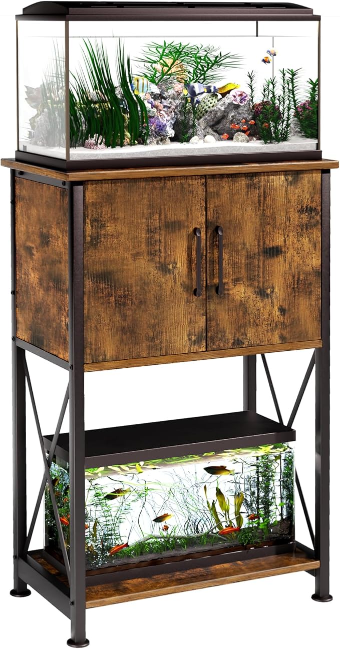 5-10 Gallon Fish Tank Stand, Metal Double Aquarium Stand with Cabinet for Fish Tank Accessories Storage, Heavy Duty 20.5" L* 11.02" W Tabletop, 500LBS Capacity Rustic Brown and Black PG06YGN-PawvioPets