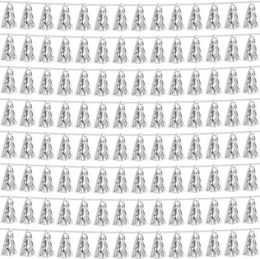 8P Silver Foil Fringe Metallic Tassel Streamers Banner Tassel Garland for Parade Floats, Bachelorette, Wedding, Birthday, Halloween, Christmas, Bridal/Baby Shower Party Decorations