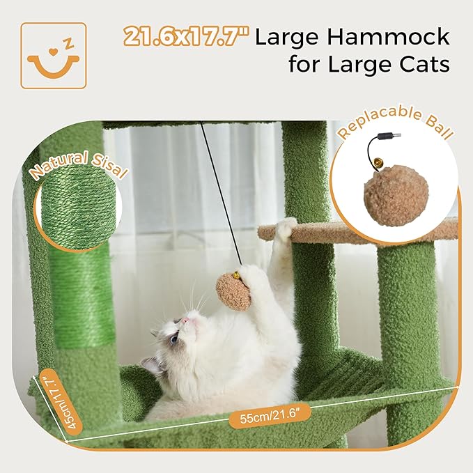 72” Cat Tree for Large Cats Big Cat Tower with Enlarged Hammock 21.6x17.7” Spacious Cats Condo House and Roomy Top Bed and Multiple Scratch Posts for Indoor Adult Cats (Green, XLarge-72)-PawvioPets