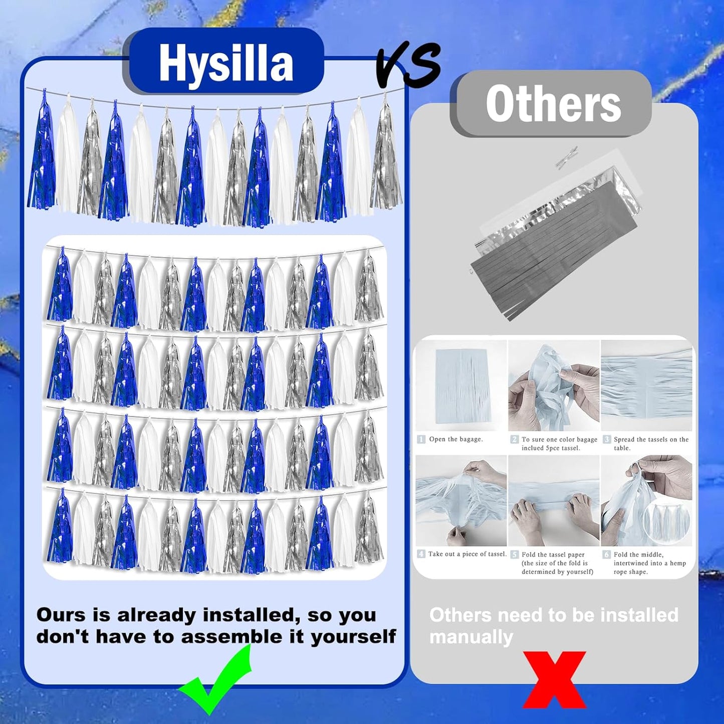 8P Navy-Blue White-Silver Tassel Garland Banner, Tassels Banner Streamers for Parade Floats, Bachelorette, Wedding, Birthday, Halloween, Christmas, Bridal/Baby Shower Gratulations Party Decorations