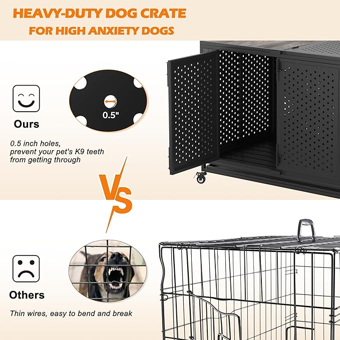 42" Heavy Duty Dog Crate Furniture for Medium and Large Dogs, Enclosed Design with 0.5 inch Holes, Indestructible Metal Kennel for High Anxiety Dogs, Chew Proof Indoor Pet House Cage, Gray-PawvioPets