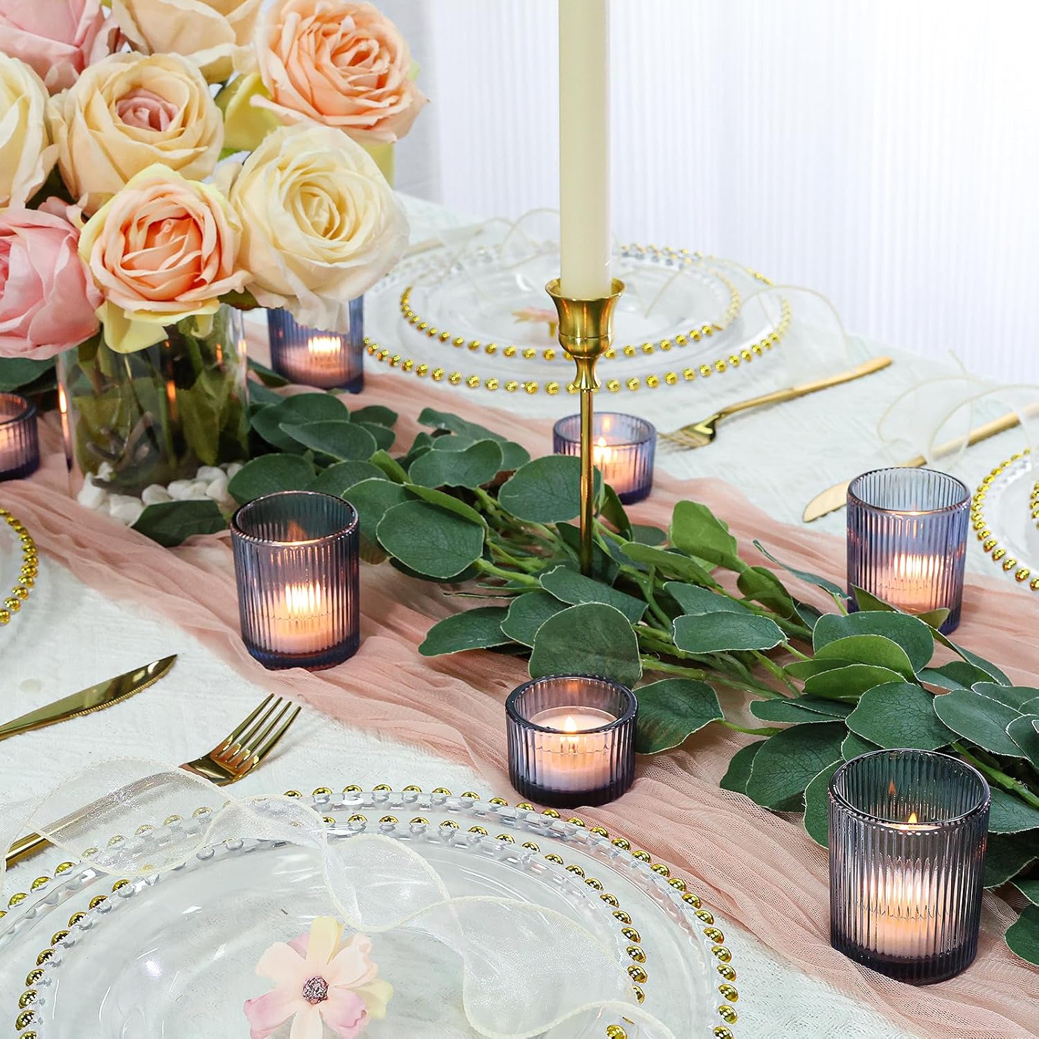 24 Pcs Ribbed Votive Candle Holders, Dark Blue Glass Holders Bulk for Table Centerpiece, Tealight Holders Glass for Wedding Shower, Party and Home Decor