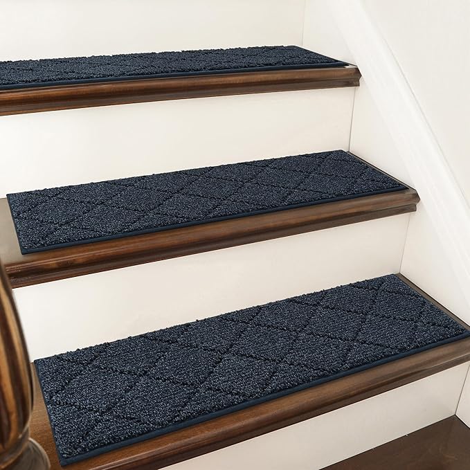 COSY HOMEER Edging Stair Treads Non-Slip Carpet Mat 28inX9in Indoor Stair Runners for Wooden Steps, Edging Stair Rugs for Kids and Dogs, 100% Polyester TPE Backing (7pc, Navy)-PawvioPets