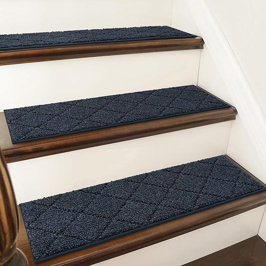COSY HOMEER Edging Stair Treads Non-Slip Carpet Mat 28inX9in Indoor Stair Runners for Wooden Steps, Edging Stair Rugs for Kids and Dogs, 100% Polyester TPE Backing (7pc, Navy)-PawvioPets