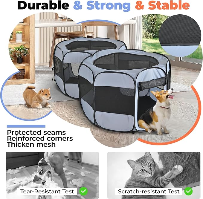 2-in-1 Dog Playpen, Pop Up Cat Puppy Pet Playpen, Indoor Outdoor Cats Enclosed, Cat Tent Crate Cage Kennel, Portable Playpen for Kitten and Small Animals(No Divider, Unified Space)-PawvioPets
